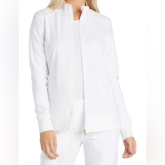 NWOT Cherokee iFlex Women Warm Up Scrubs Jacket Zip Front in White - Picture 1 of 2